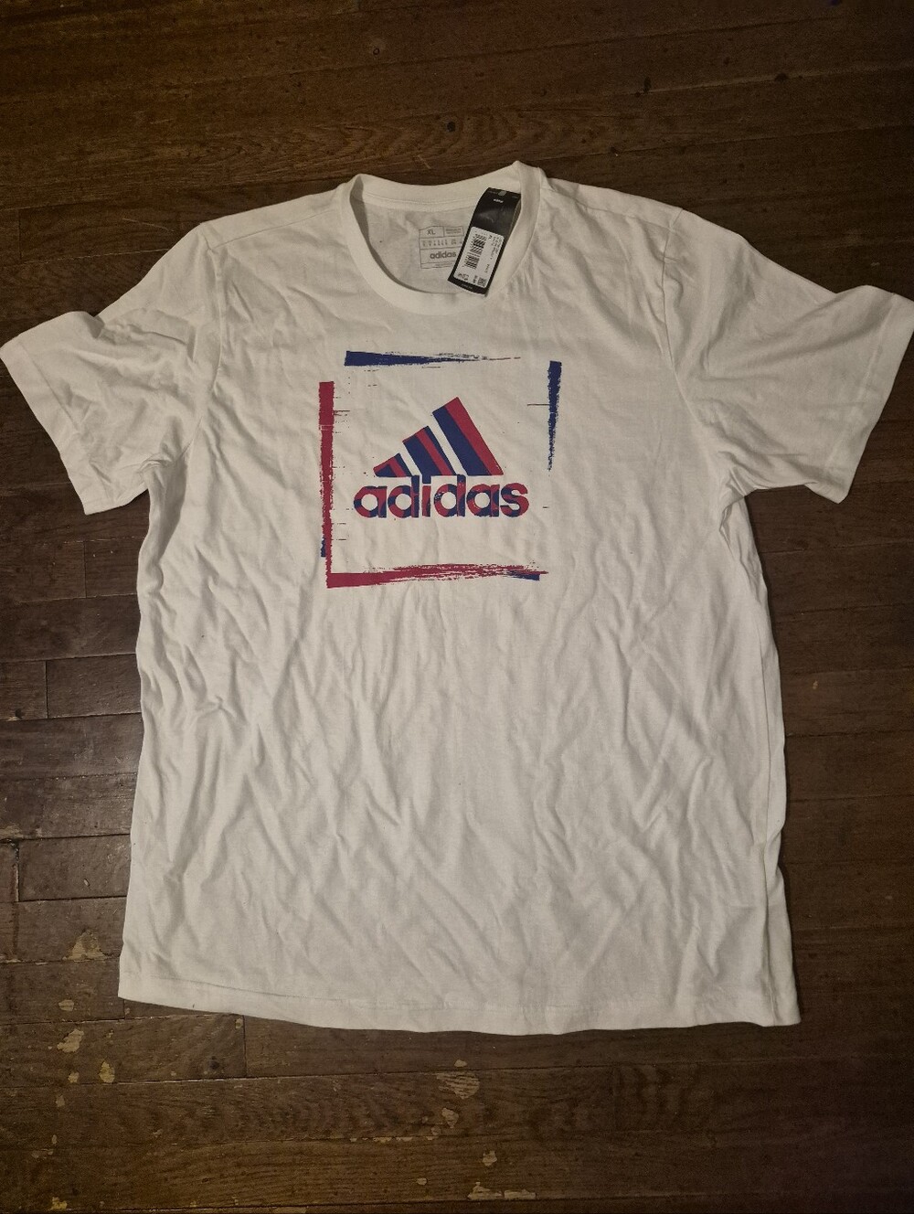 Adidas White Short-Sleeve Tee with Blue & Red Logo Mens Sz XL BNWT